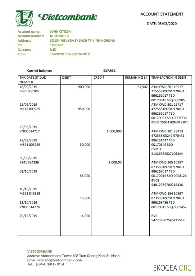 Déclaration de la Vietcombank du Vietnam